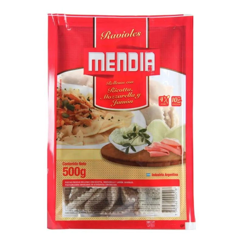 RAVIOLES MENDIA MUZZA Y JAMON 500 G