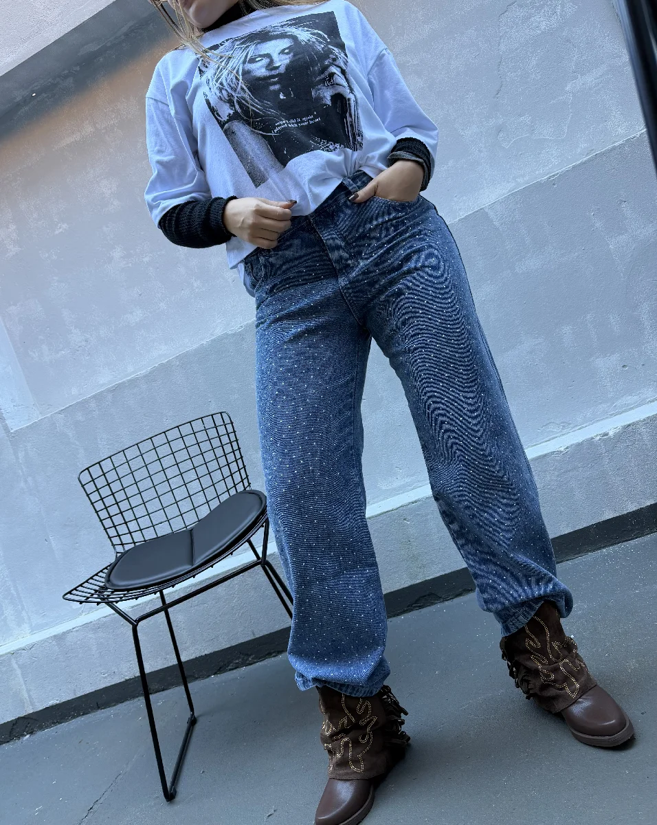 Jeans wide strass oscuro 