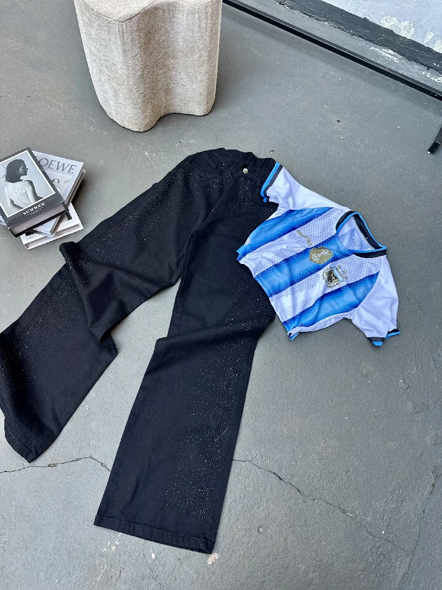 Jeans wide strass negro 