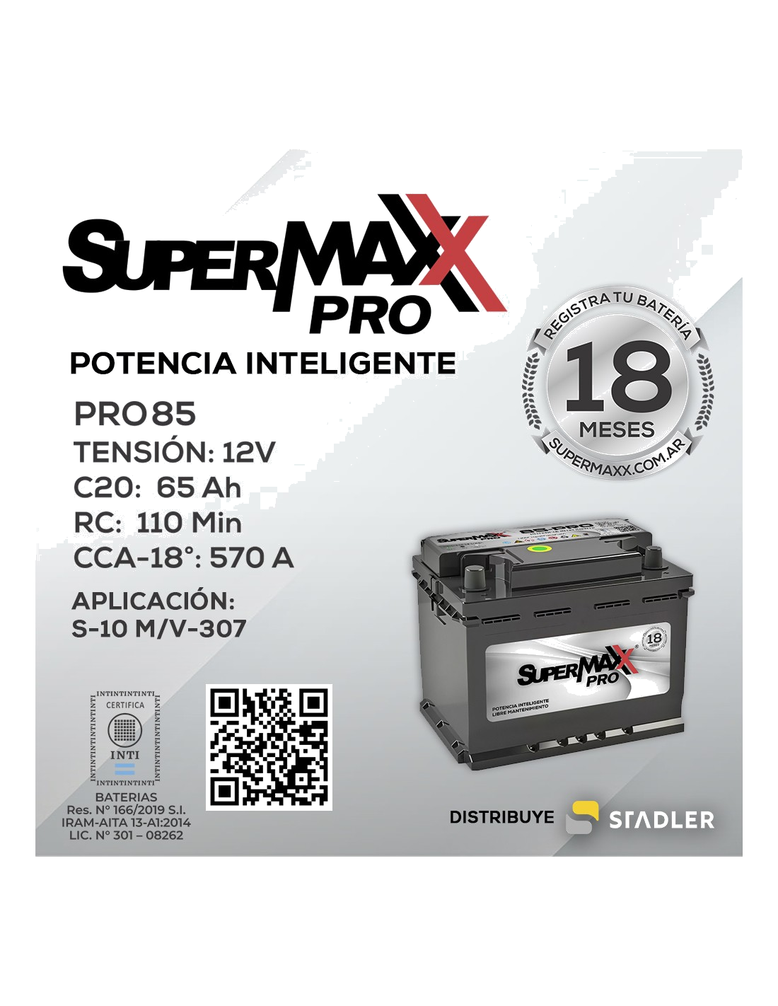 BATERIA SUPERMAXX PRO 12X85 DER "TIPO 75 ALTA REFORZADA S-10" / CCA-18º: 570A / C20: 65AH / RC: 110MIN / 242*175*190*190 / 1